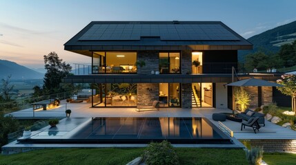 Modern villa not naturally hung with solar panels - obrazy, fototapety, plakaty