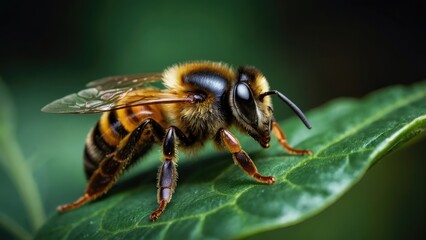 a very close-up of a bee on a leaf