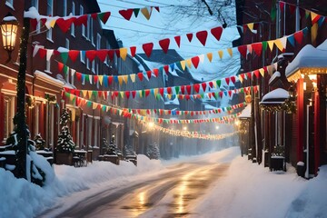 Holiday flags hung across a picturesque snow-covered street