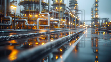 Refinery and petrochemical plant at night, shallow depth of field - obrazy, fototapety, plakaty