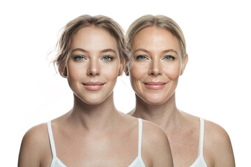 Mother and daughter. Generation. Young and senior women on white background. Aging, cosmetology,...