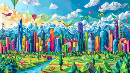 Obraz premium Paper Panorama: Origami's Urban Escape.