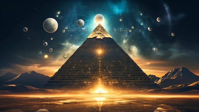 Pyramid surrounded by planets in the night. Esoteric, ancient wisdom and astrology concept.