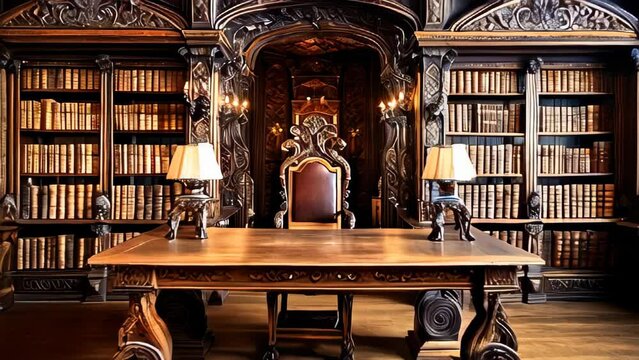 Old wooden decorated library with old books
