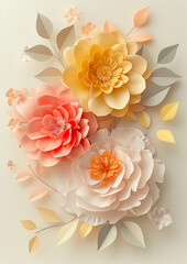 a yellow chrysanthemum flower and a pink peony flower in the style of layered paper on a light background. Fit all within frame