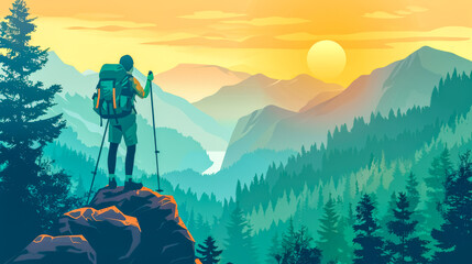 Hiker overlooking sunset on mountain ridge - obrazy, fototapety, plakaty