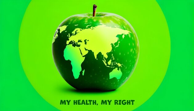 Illustration for world health day with a globe shaped green apple.