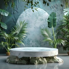 Positioned in a front view focus against a backdrop of Green Stone and Tropical Leaves Background, the Contemporary White Podium Stage Rack appears perfect and very realistic.