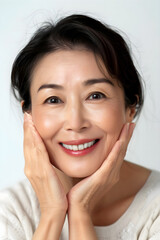 Portrait of beautiful mature Asian woman model smiling, beauty and makeup concept, isolated on white background, healthy aging, 50 year old