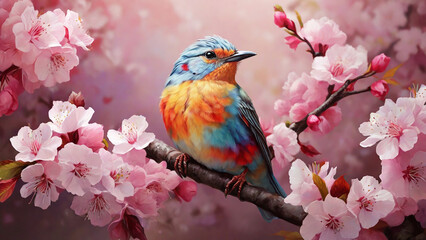 Beautiful colorful bird on a branch of sakura. Spring background