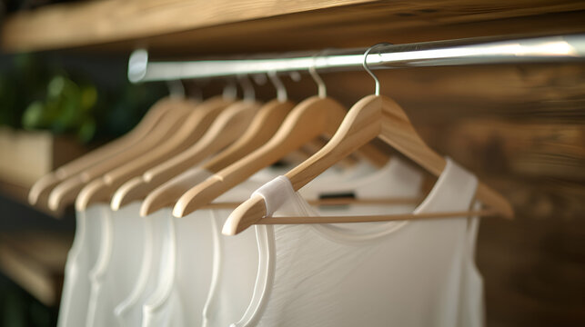 White Hangers on the wooden rack. Minimal concept. generative ai 