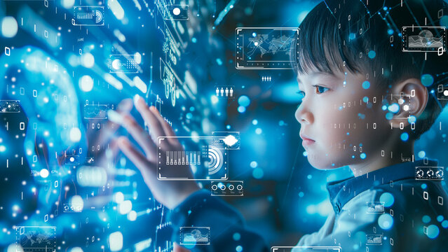 Educational future with a young student learning through augmented reality, data visualization, interactive learning. Digital native generation concept.