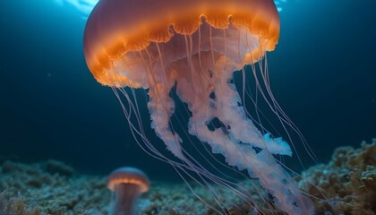 A Jellyfish In A Sea Of Glowing Ocean Creatures - obrazy, fototapety, plakaty