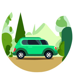 A cute car parked amidst a lush green forest.