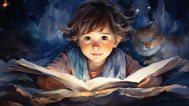 Child reading with flashlight under covers, cozy ambience, eye level, imagination alightwater color, drawing, vibrant color, cute
