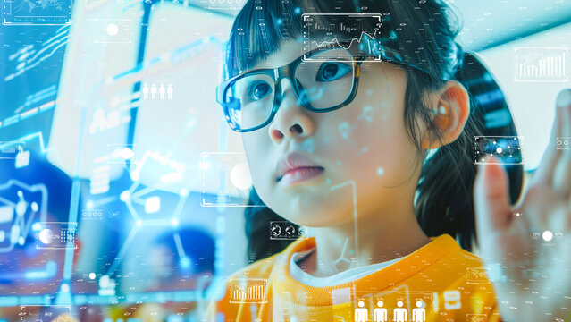 Educational future with a young student learning through augmented reality, data visualization, interactive learning. Digital native generation concept.