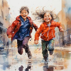 Kids jumping in puddles, rainy day, splashes of color, dynamic angle, carefree laughterwater color, drawing, vibrant color, cute