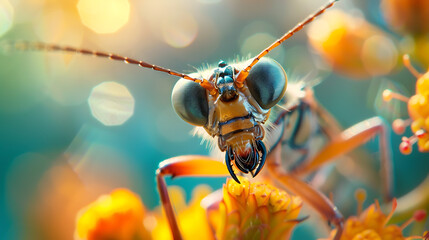 macro photo of grasshopper insects in the morning - obrazy, fototapety, plakaty