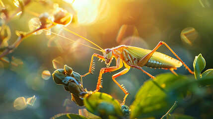 macro photo of grasshopper insects in the morning - Powered by Adobe