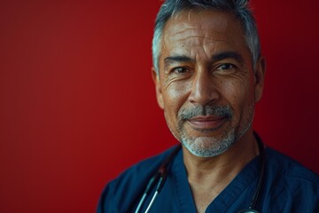 Confident male doctor in scrubs with stethoscope over red background