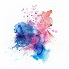Vivid watercolor splash in pink and blue hues on a white background, conveying an artistic and vibrant atmosphere.