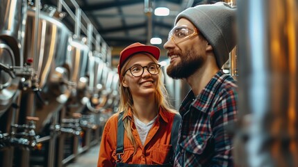 Smiling brewery workers in protective gear inspecting stainless steel beer vats in a modern brewery