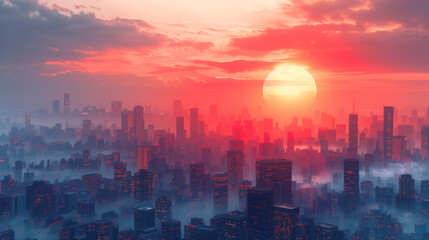 Fototapeta premium Sun Setting Behind Skyscrapers In Misty Cityscape