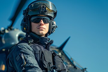 Confident helicopter pilot in aviator gear with clear blue sky
