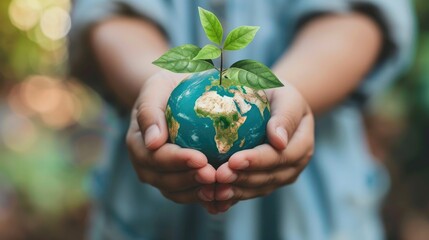 A person cradling a globe with a young plant sprouting from the top, representing care and growth for environmental sustainability.
