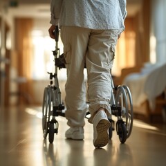 A sobering view of a person walking alongside a wheelchair in a hospital corridor, evoking themes of recovery and care