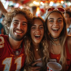 Close-up of three young adults at a sports event, exuding joy and friendship with bright expressions