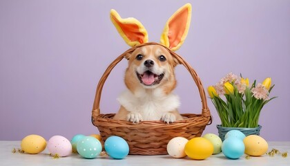 Fototapeta na wymiar Portrait Happy Easter Pog Dog With Bunny Ears On W