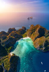 Aerial top view tropical island Phi Phi Leh with Maya Bay and Pileh Lagoon, Krabi province, Thailand © Parilov