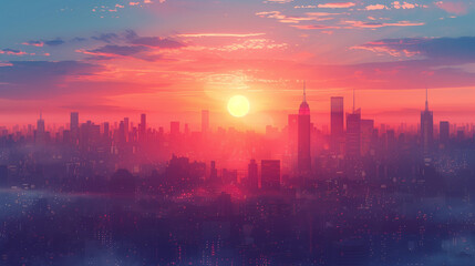 Radiant Dawn Lights Up Hazy Sky Over Cityscape