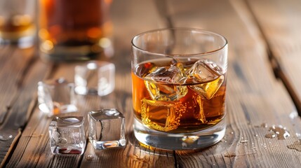 Close-up of a whiskey glass with a large ice cube, set against a blurred bar background, conveying warmth and a relaxed atmosphere.