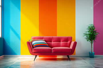 couch is multicolored a striped design. The wall behind the couch is also colorful, with a mix of blue, yellow, and red tones. Colorful armchair on colorful wall trendy living room interior concept