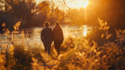Intimate sunset stroll by a diverse LGBTQ couple enjoying a peaceful moment together - obrazy, fototapety, plakaty