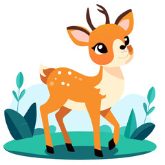 The cute deer is standing in the middle of the forest, looking curiously at the camera.