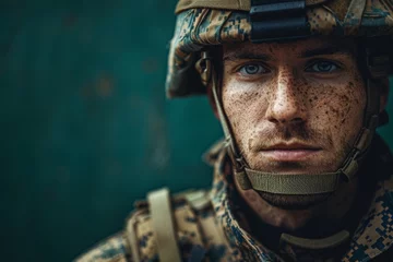 Foto op Plexiglas Close-up side view of a marine in combat gear with a serious expression © Fat Bee