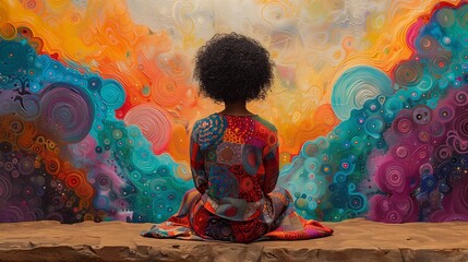 African American woman meditating in lotus pose on a colorful abstract background - obrazy, fototapety, plakaty