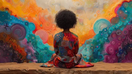 Foto op Canvas African American woman meditating in lotus pose on a colorful abstract background © Nataliia