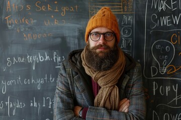 Math teacher standing in front of a blackboard filled with equations - obrazy, fototapety, plakaty