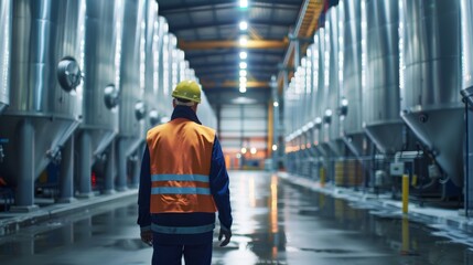 Quality control engineer inspecting milk storage tanks at a dairy factory