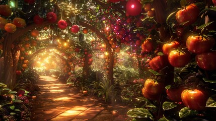 an expansive enchanted fruit garden with magical fruits of every color and shape