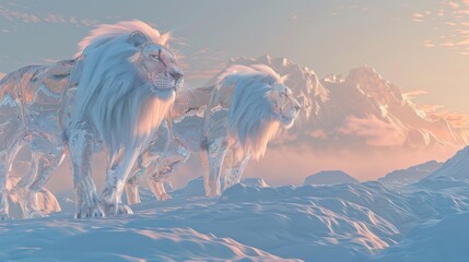 Fototapeta premium 3D scene of ice lions at dawn light refracting through their icy manes