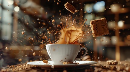A 3D visualized close-up of a Speculoos cookie being dipped into a cup of coffee capturing the moment of immersion - obrazy, fototapety, plakaty
