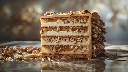 A 3D visualized cross-section of a Swiss gourmet nut torte detailing the layers of nut cake and filling