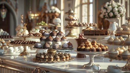 A 3D visualized gourmet dessert table featuring various interpretations of tiramisu including traditional