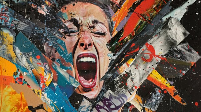 Vivid collage art of shouting woman. A vibrant collage blends a woman's face, urban elements, and text, evoking strong emotions and energy.