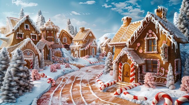 A panoramic view of a gingerbread castle village each house unique with frosting roofs and jelly bean paths